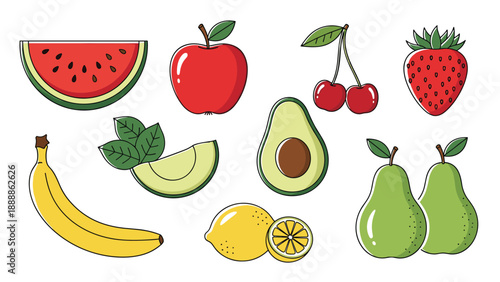 Colorful collection of fresh fruits including watermelon, apple, cherries, avocado, lemon, and pears with green leaves.