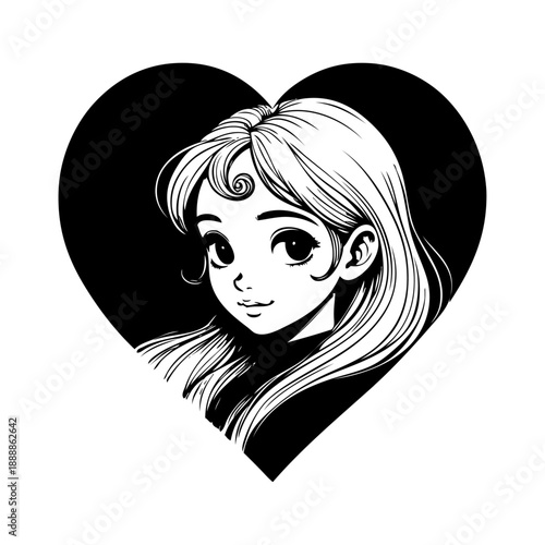 Dibujo con líneas de cabeza de chica en corazón 