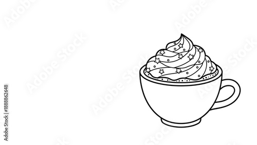 Whimsical line art illustration of a coffee cup topped with a generous swirl of whipped cream and cute star shapes.