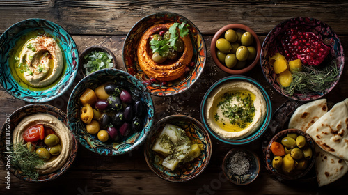 Assorted Mediterranean dips and olives in colorful ceramic bowls overhead rustic table healthy mezze platter for restaurant menu and catering