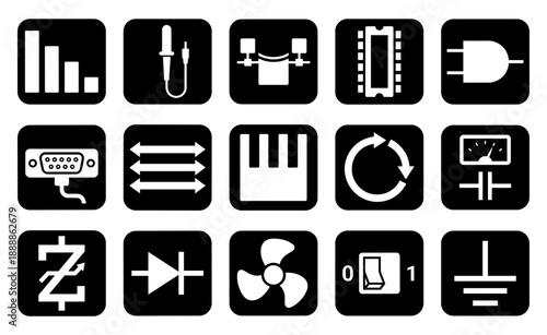 Monochromatic Electronic Component Icons Vector Collection for Circuit Schematics