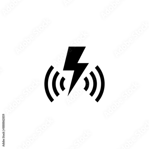 This vector image features a central lightning bolt with radiating curved lines on either side to represent wireless charging or electromagnetic signals