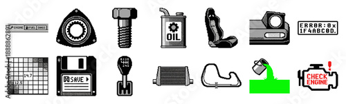 Pixel Art Automotive Tuning and Racing Component Graphic Set for Retro 8-bit Video Game Interface
