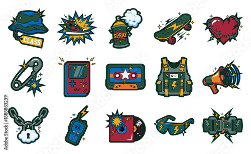 Retro Streetwear Punk Aesthetic Sticker Element Kit for Urban Lifestyle and Underground Culture Design
