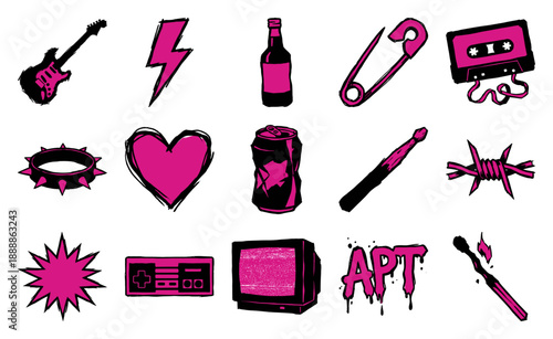 Pink Punk Rock Grunge Aesthetic Element Kit for Edgy Music and Streetwear Design