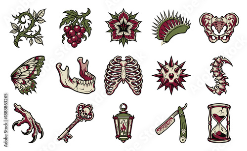 Vintage Neotraditional Gothic Anatomy and Nature Illustration Element Kit for Dark Aesthetic Design