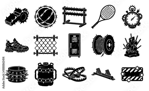 Aggressive Punk Style Sports Equipment Elements Asset Sheet for Hardcore Industrial Design and Underground Graphics