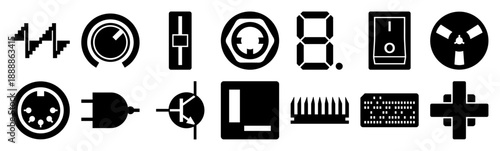 Minimalist Electronic Hardware and Analog Circuit Symbols Icon Set for Retro Engineering Graphic Design