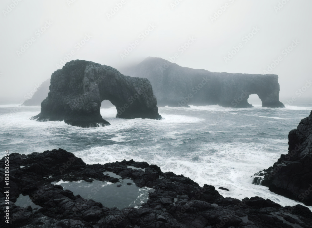 Obraz premium Dramatic View of Large Natural Sea Stacks with Stone Arches in a Rough Ocean during a Foggy Day for a Moody Coastal Landscape and Nordic Nature Aesthetic with Dark Volcanic Rock Formations