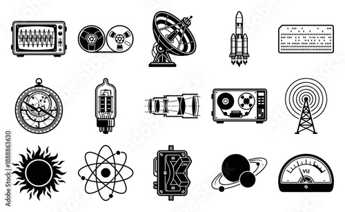 Retro Woodcut Style Scientific Discovery Asset Sheet for Mid-Century Physics and Aerospace Education