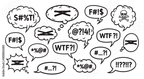 Collection of censored curse words and symbols in speech bubbles representing frustration and anger isolated on white background