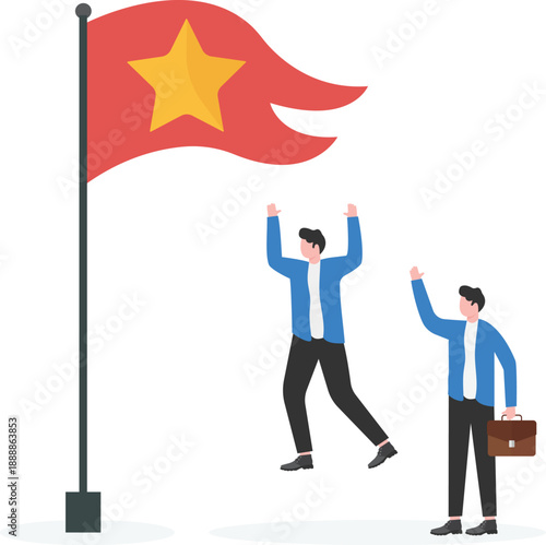 Achieving Excellence Award with Professionals Cheering at Red Flag with Gold Rating Star