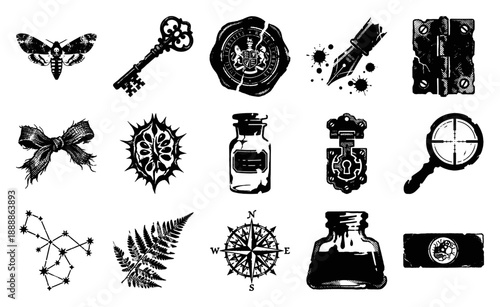 Vintage Gothic Woodcut Mystery Illustration Element Kit for Dark Academia Scrapbooking and Noir Graphic Design