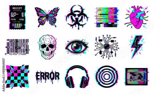 Cyberpunk Glitch Aesthetic Element Kit featuring Retrowave Tech Symbols and Futuristic Biohazard Icons for Digital Design