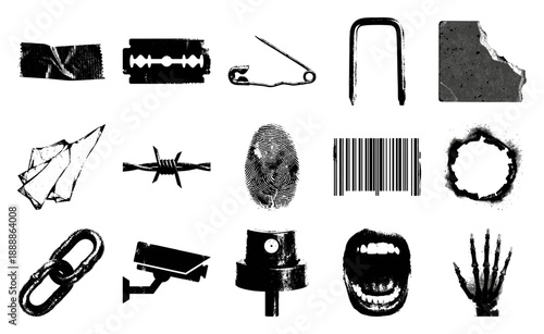 Grungy Halftone Urban Texture Graphic Element Kit for Punk Aesthetic and Streetwear Design Asset Sheet