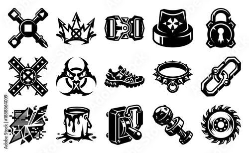 Edgy Cyberpunk Streetwear Graphics Asset Sheet for Grungy Industrial Apparel and Urban Subculture Branding