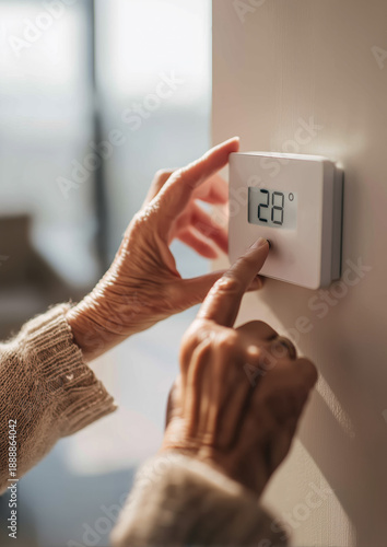 Senior hand adjusting digital thermostat on wall home heating efficiency and smart energy saving control concept