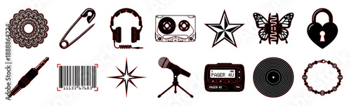 Retro Grunge Y2K Aesthetic Vector Graphic Element Kit for Alternative Streetwear Branding and Scrapbooking