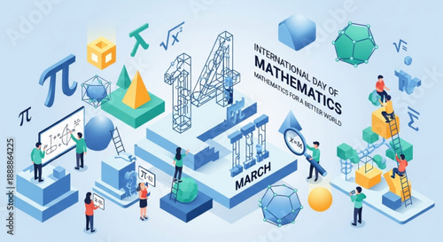 International day of mathematics illustration with people and geometric shapes