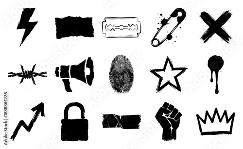 Grungy Hand-Drawn Punk Underground Element Kit for Edgy Alternative Streetwear Graphics and Zine Design