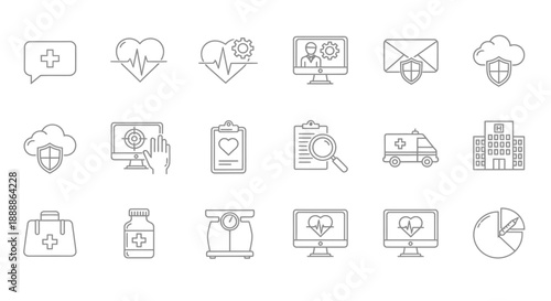 A collection of medical and healthcare related line icons representing various services and technologies