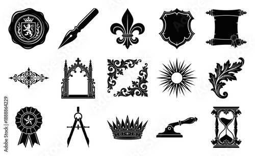 Vintage Heraldry and Medieval Stationary Engraving Element Kit for Elegant Historical Document Design