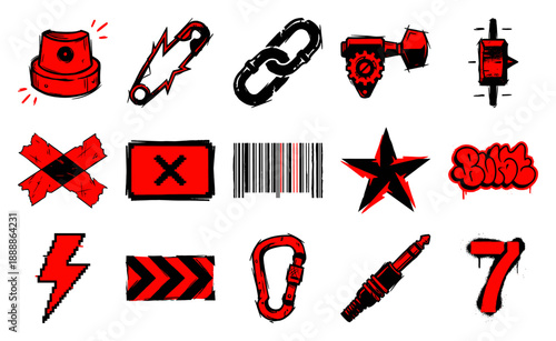 Grungy Punk Rock Streetwear Graphic Element Kit for Urban Graffiti and Skate Culture Brand Design