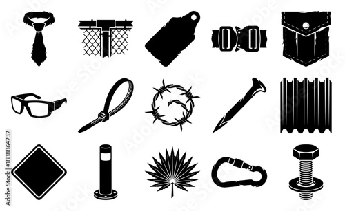 Gritty Distressed Woodcut Industrial Hardware Element Kit for Urban Streetwear and Grunge Branding Designs