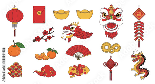 Chinese New Year Icons: Dragon, Lantern, Red Envelope, Firecrackers, Oranges, Fortune