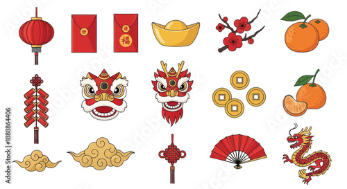 Chinese New Year Icons: Dragon, Lantern, Red Envelopes, Oranges, Firecrackers, Fan, Coins