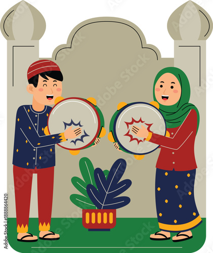 Muslim Couple Playing Tamborine Vector Illustration