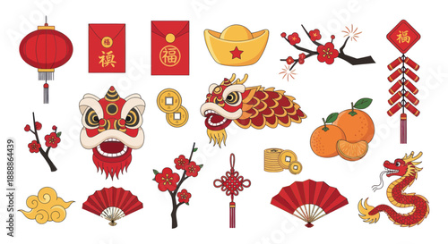 Chinese New Year Celebration Elements: Dragon, Lanterns, Red Envelopes, Oranges