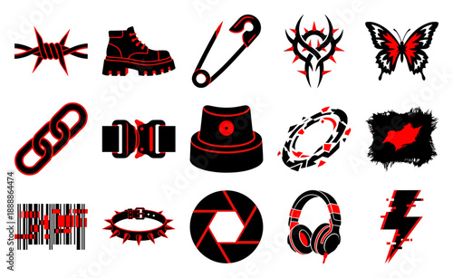 Cyberpunk Streetwear Symbols Graphic Asset Sheet for Alternative Y2K Aesthetic Fashion Design