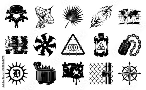 Grungy Linocut Post-Apocalyptic Survival Elements Graphic Set for Distopian Dystopian Narrative Design