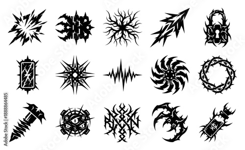 Aggressive Tribal Cyber-Sigilism Graphic Element Kit for Dark Aesthetic Streetwear and Underground Subculture Design