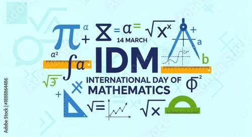 International day of mathematics celebration with geometric shapes and formulas on light blue background