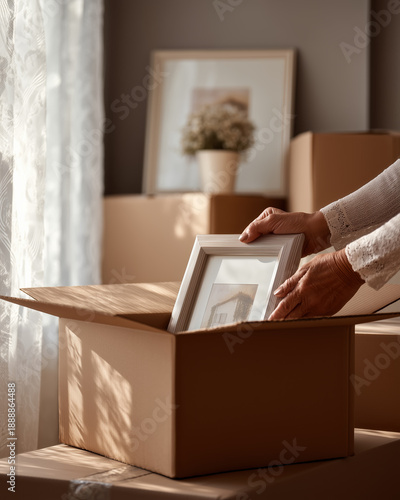 Woman packing framed family photo into cardboard box moving house memories and downsizing concept