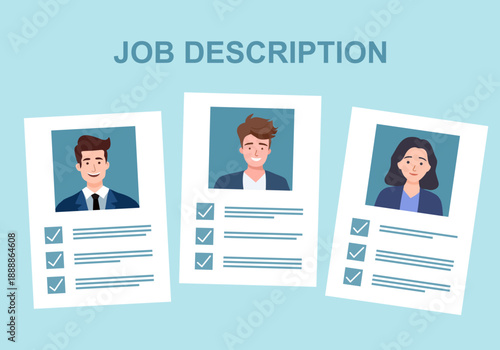 Work Descriptions Concept. Tiny Employer Characters Reading Personnel Resume, Applicants Searching Job Learning Offers in Internet Resource. Recruitment Headhunting. Cartoon People Vector Illustration