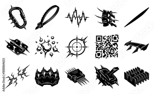 Neo-Tribal Cyberpunk Industrial Hardware Graphic Elements Sheet for Edgy Streetwear Design and Techwear Branding