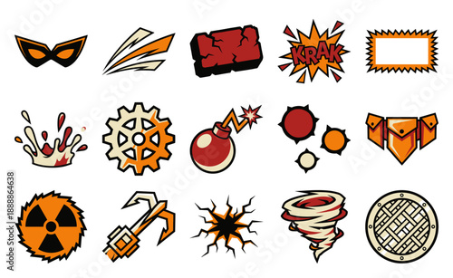 Comic Book Style Superhero Action Symbols Asset Sheet for Graphic Novel Design and Gaming UI