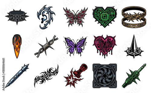 Cyber Gothic Cyberpunk Y2K Graphic Element Kit for Neo-Tribal Apparel and Edgy Digital Design Assets