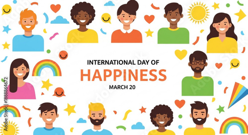 Wallpaper Mural International day of happiness celebration with diverse people and colorful symbols Torontodigital.ca