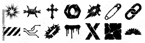 Grungy Streetwear Distress Graphic Element Kit for Y2K Cyberpunk and Neo-Tribal Apparel Design