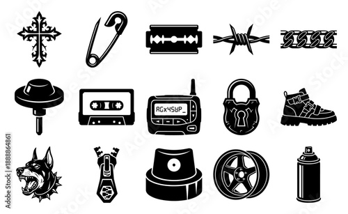 Bold Ink Graphic Elements and Urban Subculture Silhouette Asset Sheet for Streetwear Design