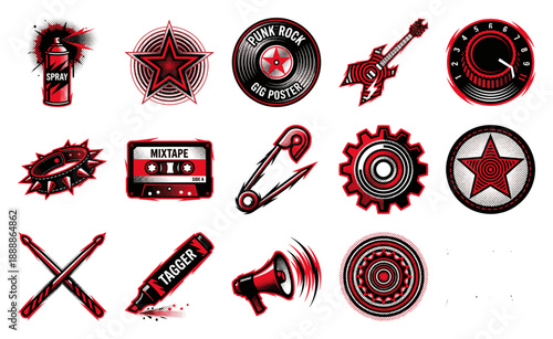 Grungy Two-Tone Punk Rock Music Graphic Element Kit for Alternative Underground Gig Posters