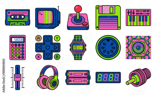 Vibrant Neon Retro Technology Flat Vector Icon Kit for 80s Nostalgia Branding