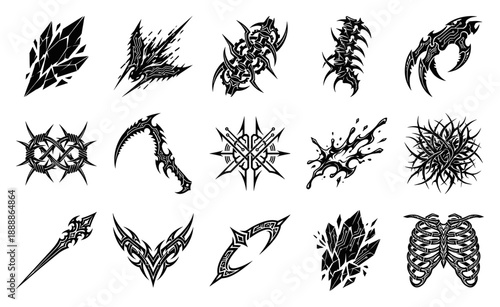 Cyber-Gothic Dark Fantasy Graphic Element Kit for Y2K Tribal Streetwear and Neo-Industrial Branding