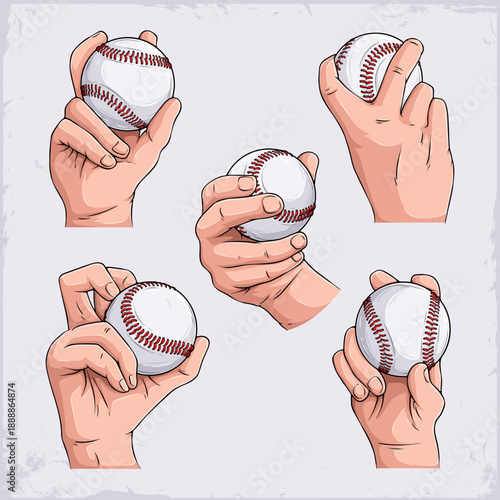 Set of five different male hand grips holding baseball for various pitches like four-seam fastball, two-seam, curveball, changeup and slider.