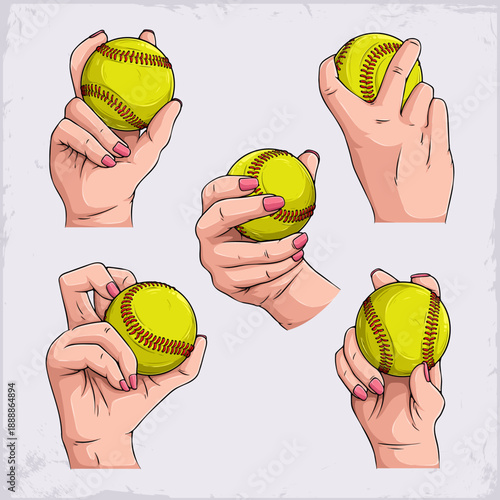 Set of five different female hand grips holding yellow softball for various pitches like fastball, changeup, riseball, curveball and drop curve