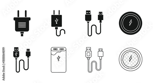Collection of various charging port and wireless charging pad icons